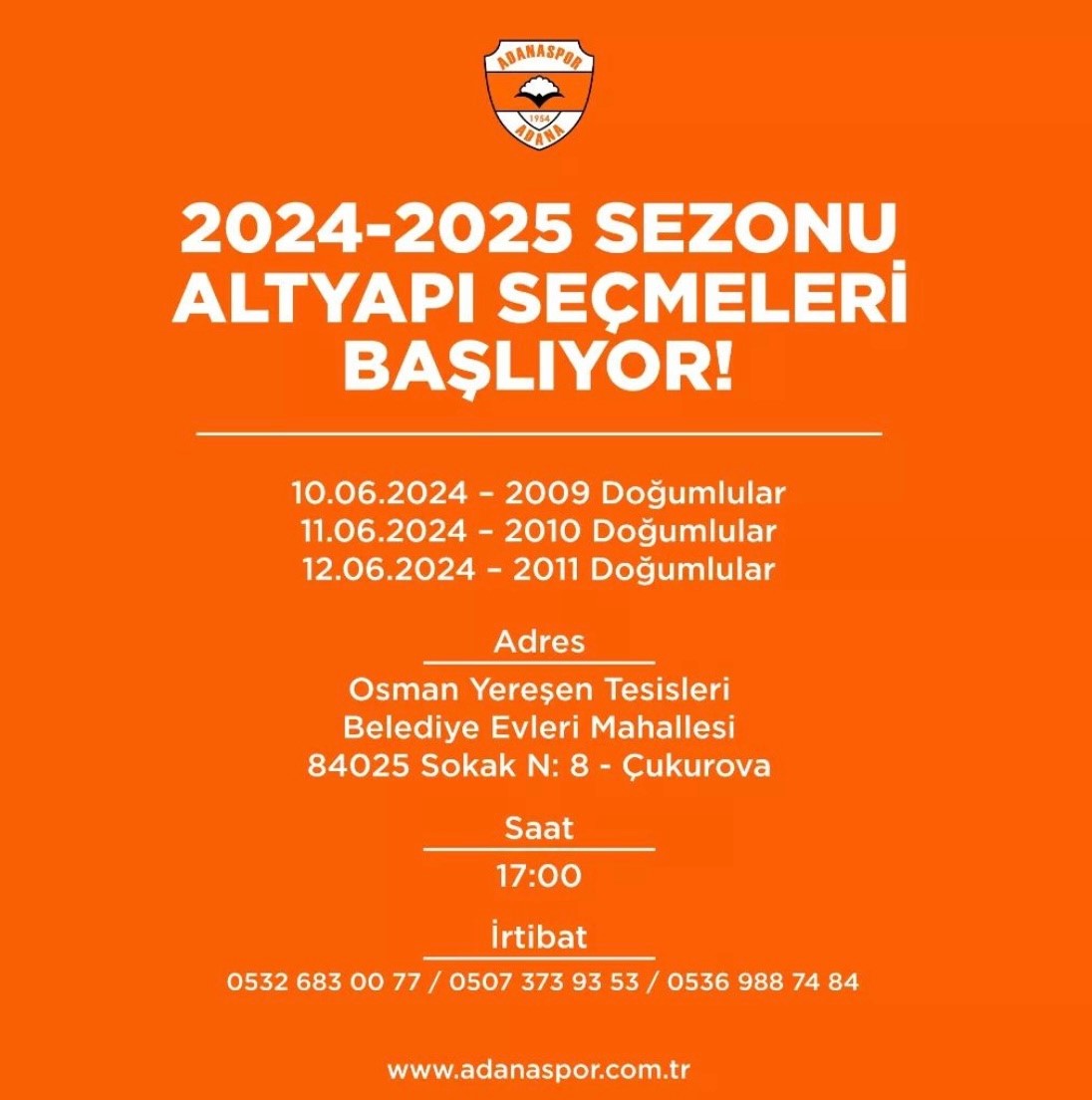 Adanaspor'da yeni sezonun altyapı seçmeleri başlıyor