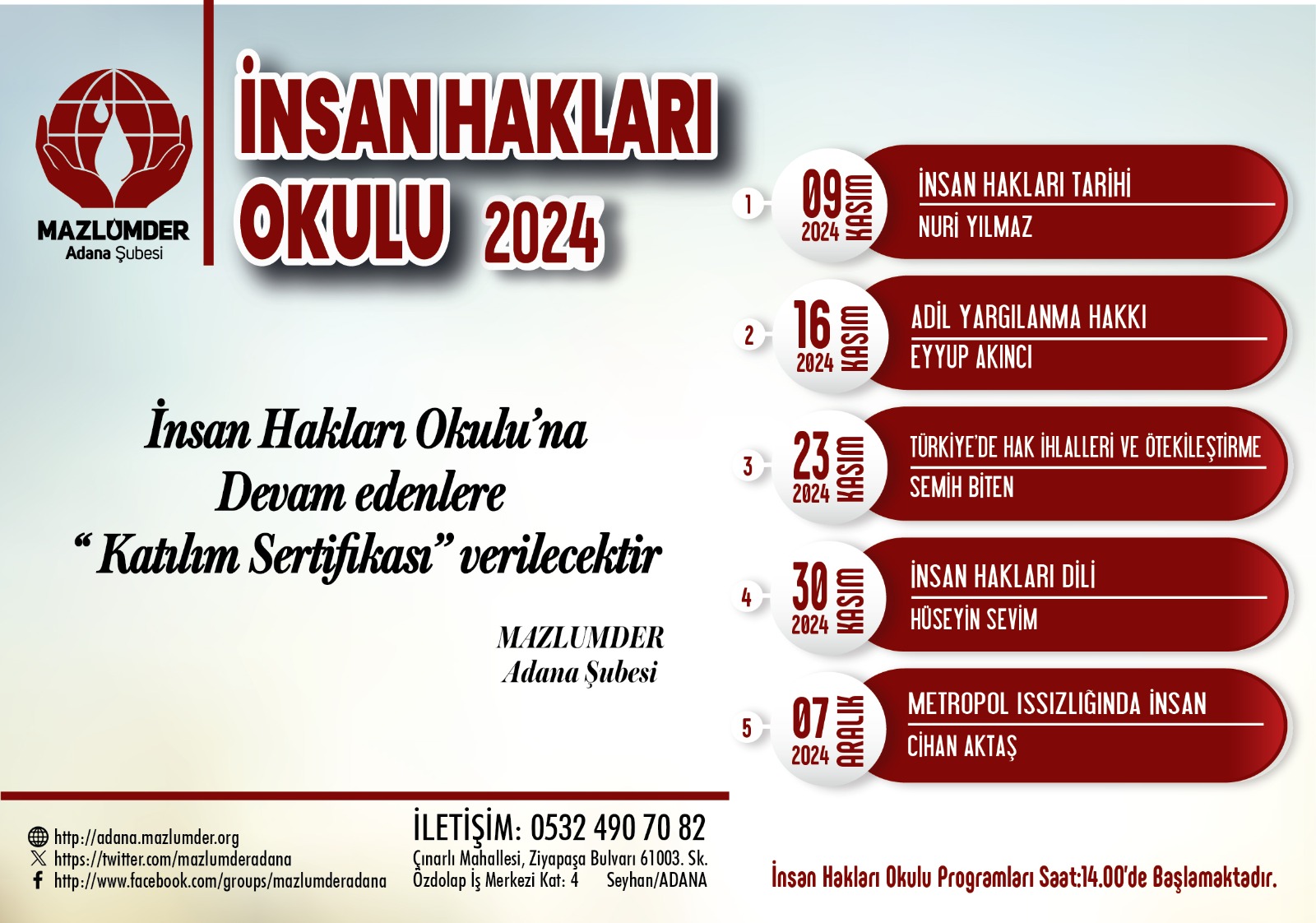 Mazlumder Adana İnsan Haklar Okulu başlıyor