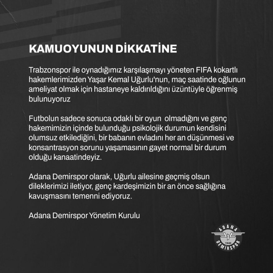 Adana Demirspor’dan Yaşar Kemal Uğurlu açıklaması