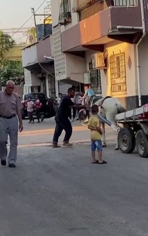 Yürümek istemeyen ata yumruk atarak eziyet etti