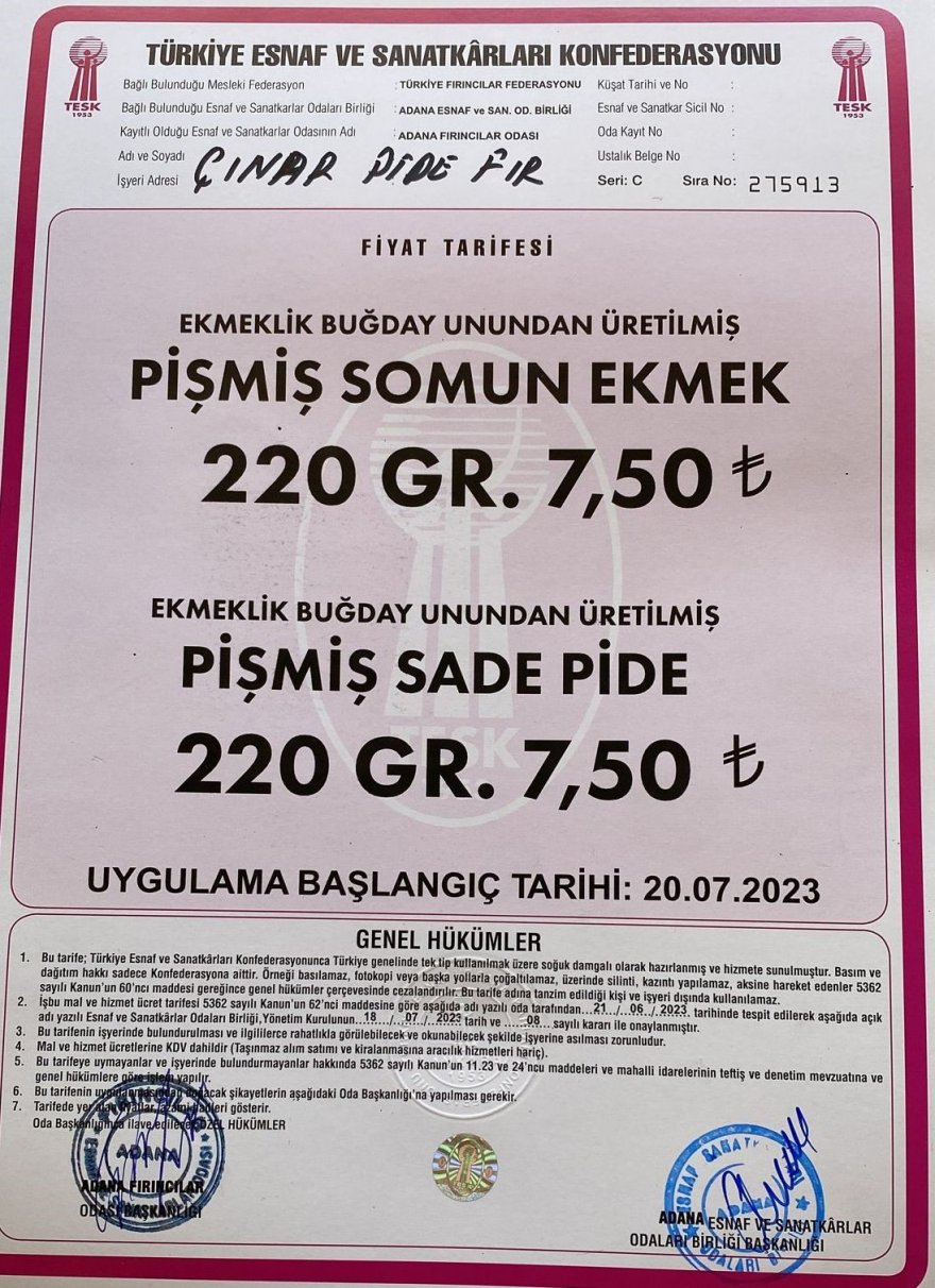 Ekmek Adana’da 20 Temmuz’dan itibaren 7.5 lira