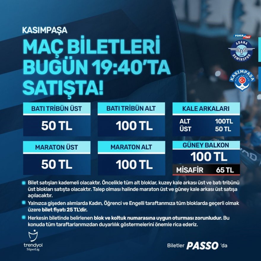 Adana Demirspor - Kasımpaşa maçının biletleri satışta