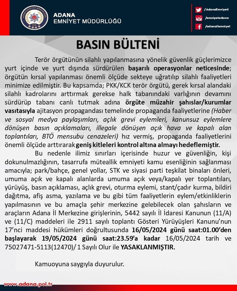 Adana’da yürüyüş ve gösterilere geçici yasak